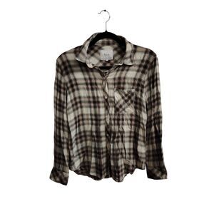 Rails Women's Small Tan, Black, & White Flannel Plaid Button UP LongSleeve Shirt